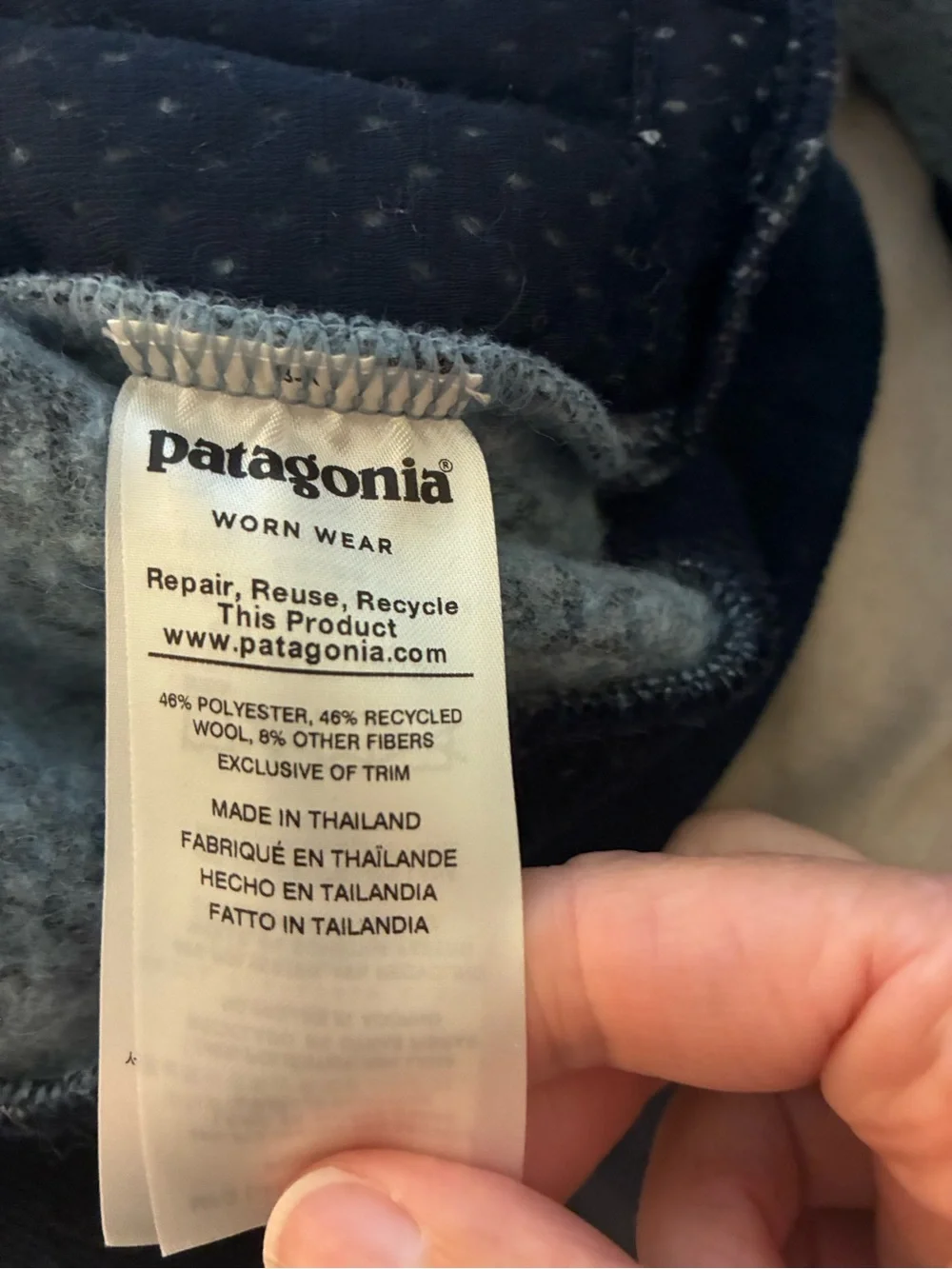 Patagonia Heather Light Blue Wool blend Fleece full zip with Navy Trim